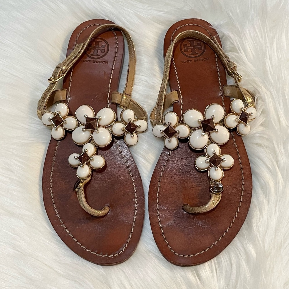 Tory Burch Studded Accents T-Strap Women Sandals In Gold Size 7